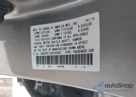 2016 Honda Accord Ex из США, поврежденный, VIN 1HGCR2F72GA195897